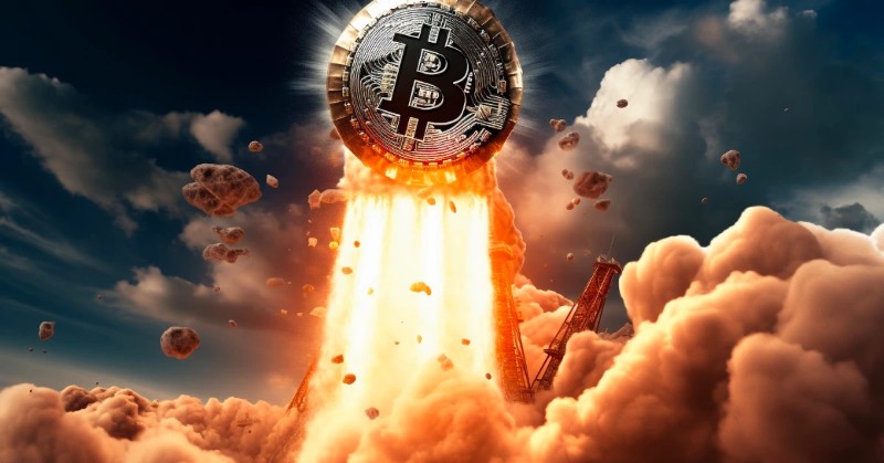 Bitcoin logo on rocket.