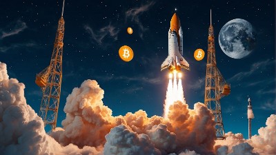 Bitcoin logo and rocket.