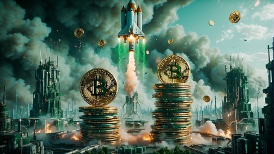 Bitcoin logo and rocket.