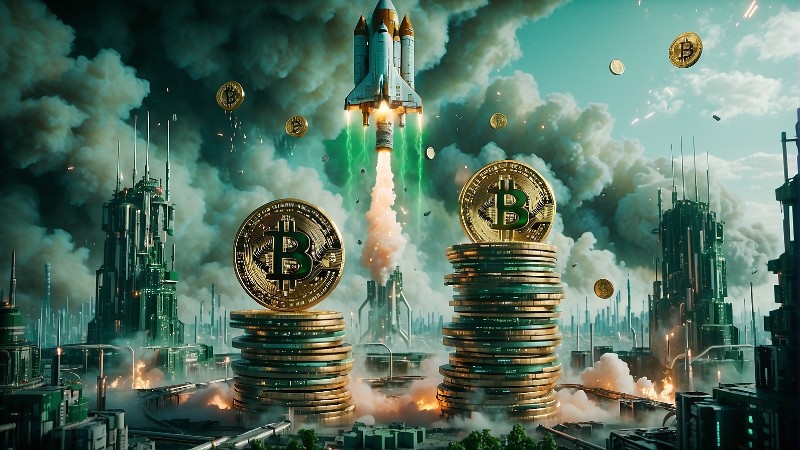 Bitcoin logo and rocket.