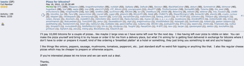Laszlo Hanyecz post on BitcoinTalk forum