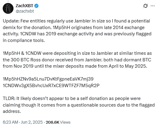 Публикация на ZachXBT относно дарението.