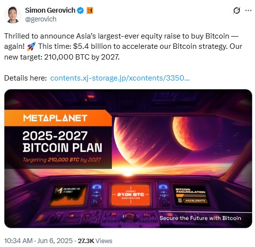Публикация на изпълнителния директор на Metaplanet.