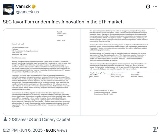 Публикация на VanEck, съдържаща отвореното писмо до SEC.