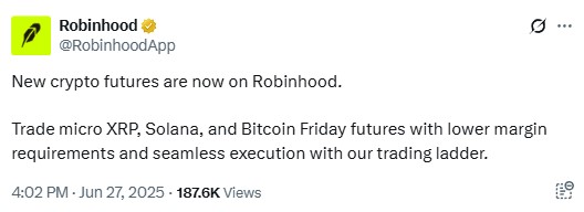 Robinhood обявява микро фючърсни договори за XRP и Солана.