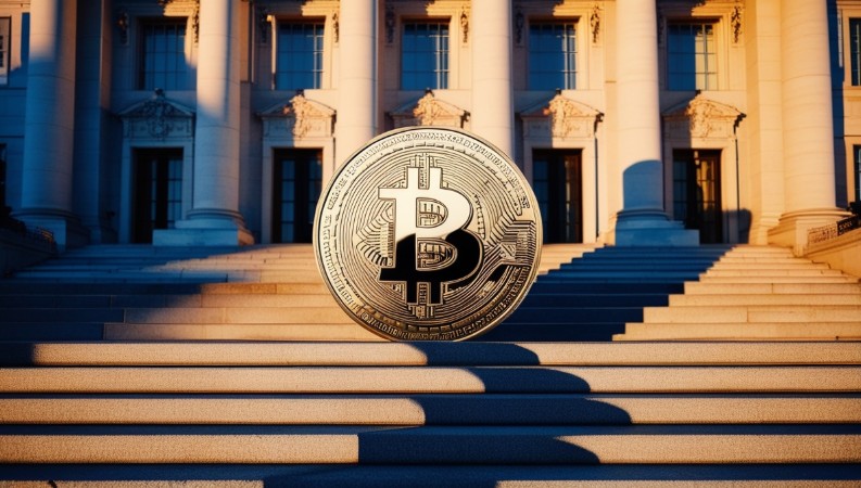 Биткойн и правителствена сграда.