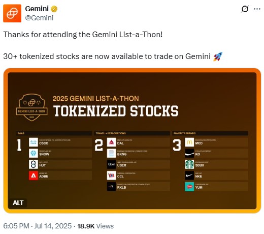 Gemini добавя още токенизирани акции.