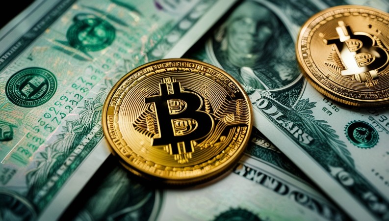 Биткойн и американски долари.