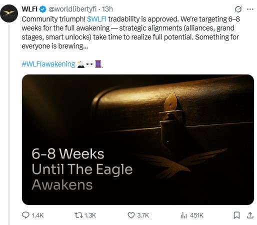 Официалното съобщение от World Liberty Financial относно пускането на токена за търговия.