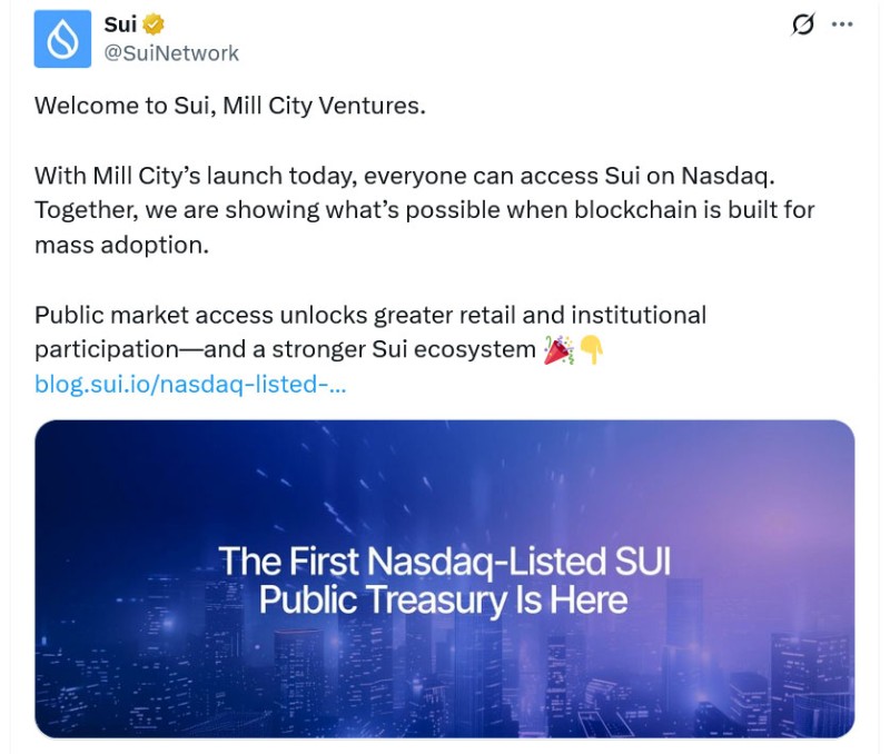 Публикация на Sui Network относно инвестицията на Mill City.