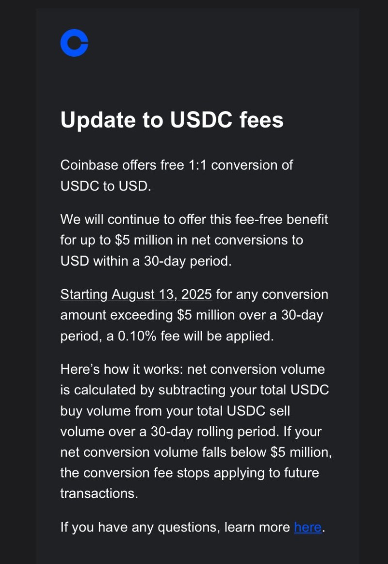 Съобщение от Coinbase относно новите промени в таксите.