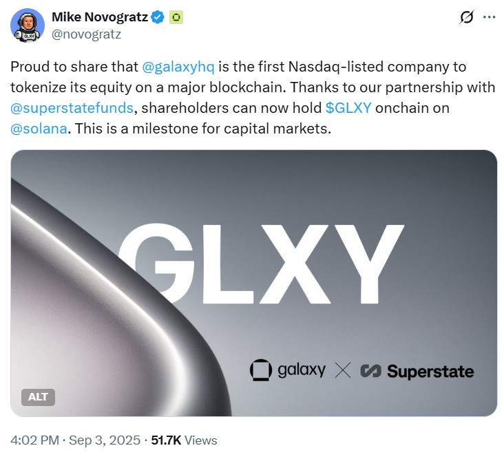 Публикация на Майк Новограц относно токенизираните акции на Galaxy Digital.