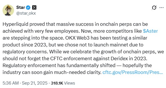 Публикация на основателя на OKX относно децентрализираната платформа на компанията.