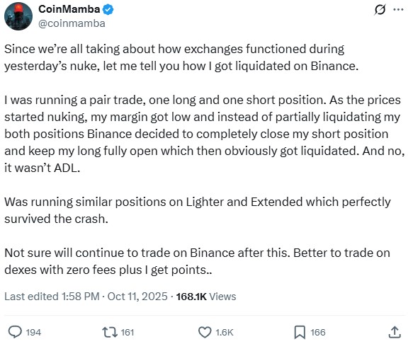 Съобщение от трейдъра CoinMamba, който твърди, че Бинанс е затворила принудително неговата къса позиция, докато дългата му позиция е останала отворена